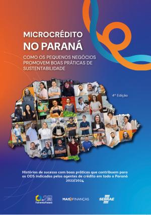 Capa do livro do microcre´dito tras mapa do estado do Paraná preenchido com dezenas de fotos de empreendedores