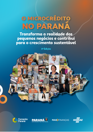O livro do Microcrédito tem capa em fundo azul. Traz um mapa do Paraná preenchido com imagens de pessoas emprenedoras que aparecem no livro e logomarcas da Fomento, do Governo do Estado, do programa Mais Finanças e do Sebrae.s