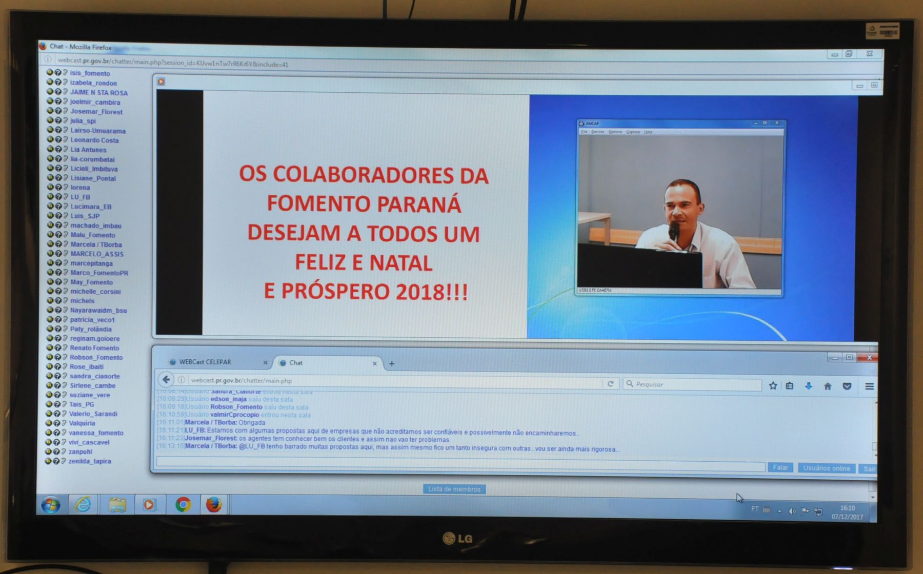 A Fomento Paraná realizou dois encontros virtuais via transmissão webcast com correspondentes e agentes de crédito nesta terça-feira, 7/12. A transmissão foi realizada a partir das instalações da Celepar, que preparou uma sala de bate-papo e os equipamentos para transmissão em vídeo para todo o estado.