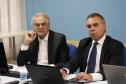 O presidente da Fomento Paraná, Vilson Ribeiro de Andrade, e o diretor de Mercado, Luis Malucelli Neto, na abertura do webcast com agentes de crédito, nas instalações da Celepar.