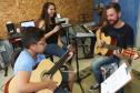 Escola de Palmeira atende estudantes de música de todas as idades. Empreendedor usou a linha da Fomento Paraná, desenvolvida em parceria com a Secretaria de Estado da Cultura para apoiar empreendimentos da economia criativa. Na imagem, os alunos Alexandre Pinheiro Neto e Paloma de Jesus Cubas com o professor Rodrigo Haniskievicz e Webis Duarte (ao fundo).