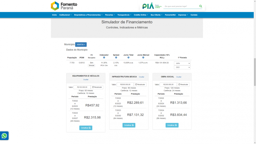 Novo simulador de crédito online no site da Fomento Paraná serve para calcular os custos de financiamentos para projetos de municípios