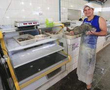 Mercado do Peixe de Matinhos, litoral do Paraná. Na foto: Alisson dos Santos Guilherme e seu pai, Vilmar, junto aos balcões financiados pela Fomento Paraná. Matinhos, 01-04-15.Foto: Arnaldo Alves / ANPr.