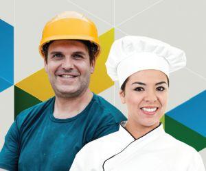 Microcrédito Fácil - imagem de um rapaz com capacete de trabalhador e uma moça com  foupa de cozinheira.