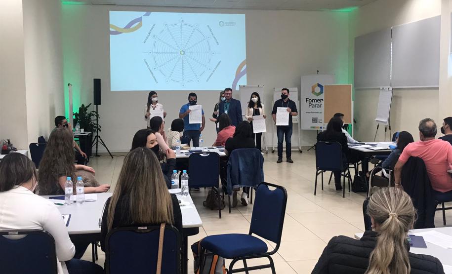Atividade dinâmica com agentes apresnetando atividades durante o Encontro regional de agentes de crédito da Fomento Paraná em Curitiba.