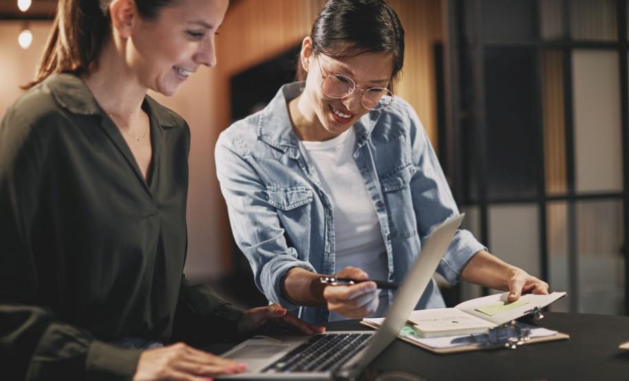 Duas mulhers conversando sobre negócios analisando contas no computador e papéis