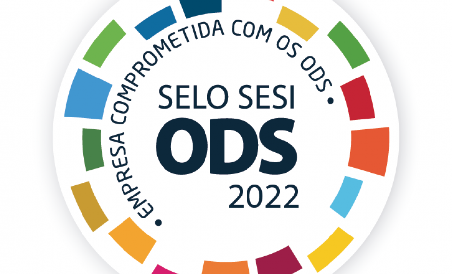 Logo colorido do Selo Sesi ODS 2022, escrito Empresa Comprometida com os ODS.