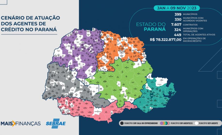 Mapa do Paraná com cores que distinguem os municípios onde há agentes de crédito nas diferentes regionais do Sebrae