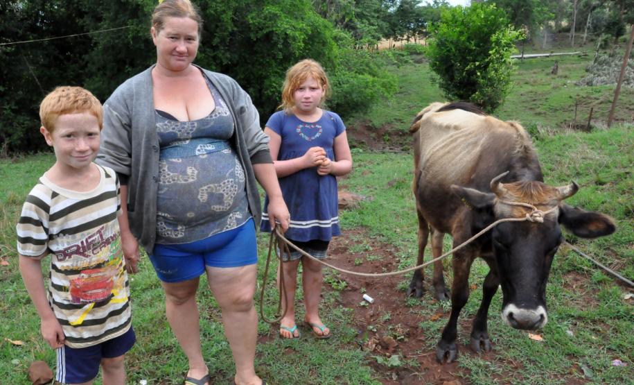 Famílias atendidas pelo programa Família Paranaense ganham nova perspectiva com programas sociais. Elas têm acesso ao programa de financiamento Paraná Juro Zero, da Fomento Paraná, para se tornarem empreendedoras. 
Na imagem, a dona de casa Beatriz de Fátima da Rosa, 37,com os filhos Jéssica, 11, Lucas, 7, e Gabriela, 2, com a vaca de leite da raça Jersey financiada pelo Paraná Juro Zero. Santo Antonio do Sudoeste, 24/10/2013.