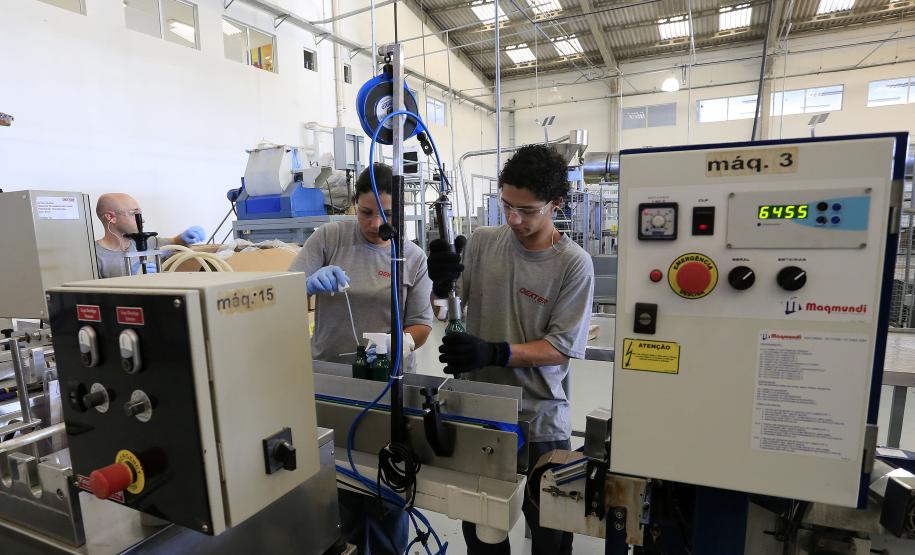 Empresa lança larvicida doméstico inédito com apoio da Fomento Paraná Linha de produção da DEXTER LATINA, que produz o multi-inseticida STRAIK, que mata as larvas do mosquito da dengue. Curitiba, 30-07-15.