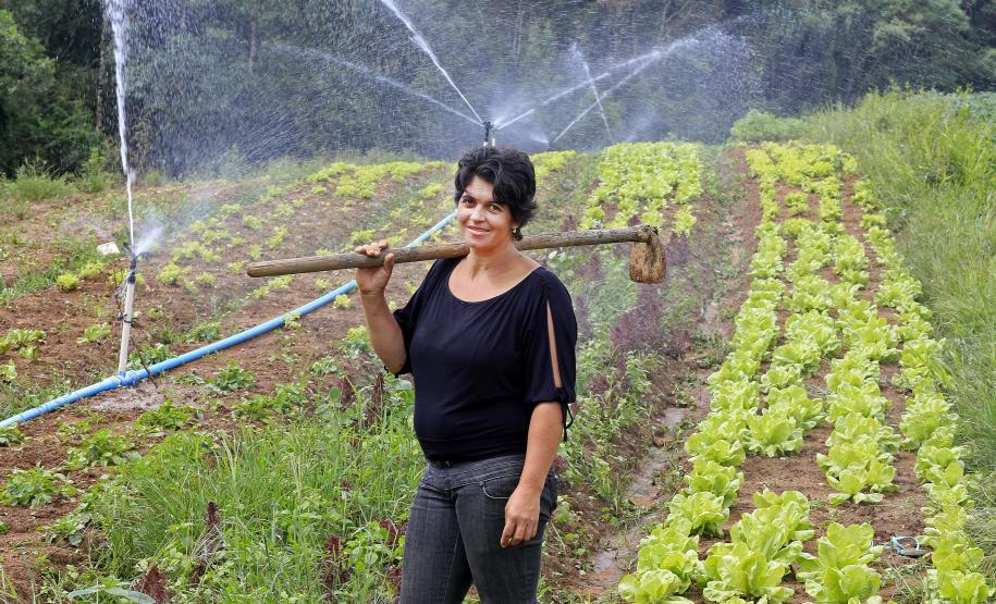 A produtora rural de Quitandinha, Sirlei Aparecida de Moura, mostra sistema de irrigação adquirido através do financiamento da FOMENTO PARANÁ.