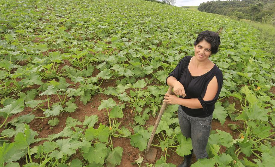 A produtora rural de Quitandinha, Sirlei Aparecida de Moura, mostra sistema de irrigação adquirido através do financiamento da FOMENTO PARANÁ.