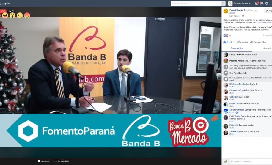 Entrevista ao vivo na rádio Banda B transmitida pelo Facebook O diretor de Mercado da Fomento Paraná, Luiz Malucelli Neto, e o assessor de Mercado, Luiz Renato Hauly, participaram de uma entrevista com transmissão ao vivo feita pela Rádio Banda B, nesta terça (12/12), para falar sobre o microcrédito.