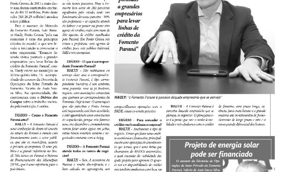 Fomento Paraná financia R$ 2,5 bilhões em sete anos Reprodução da página do Jornal Diário dos Campos, de Ponta Grossa.